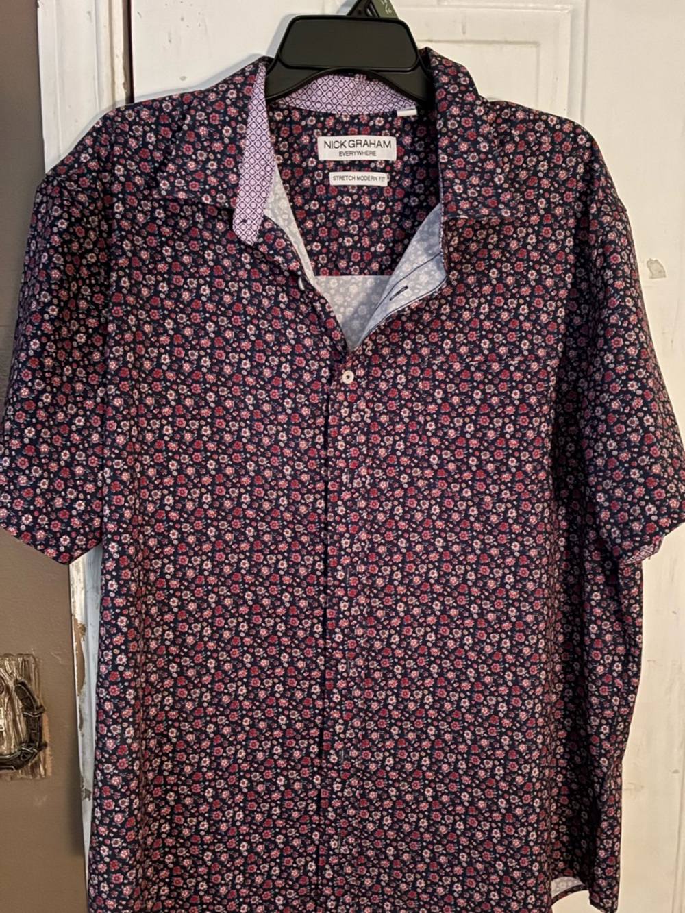 Nick Graham Navy Short-Sleeve Floral Button-Down Shirt size 2xl